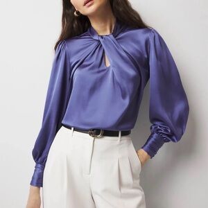 White House Black Matket Periwinkle Satin Blouse, Twist Neck, Size 2